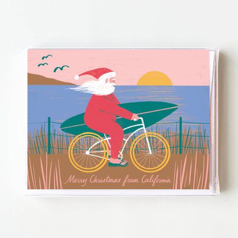 California Biking Surfer Santa Christmas Cards - Boxed Set